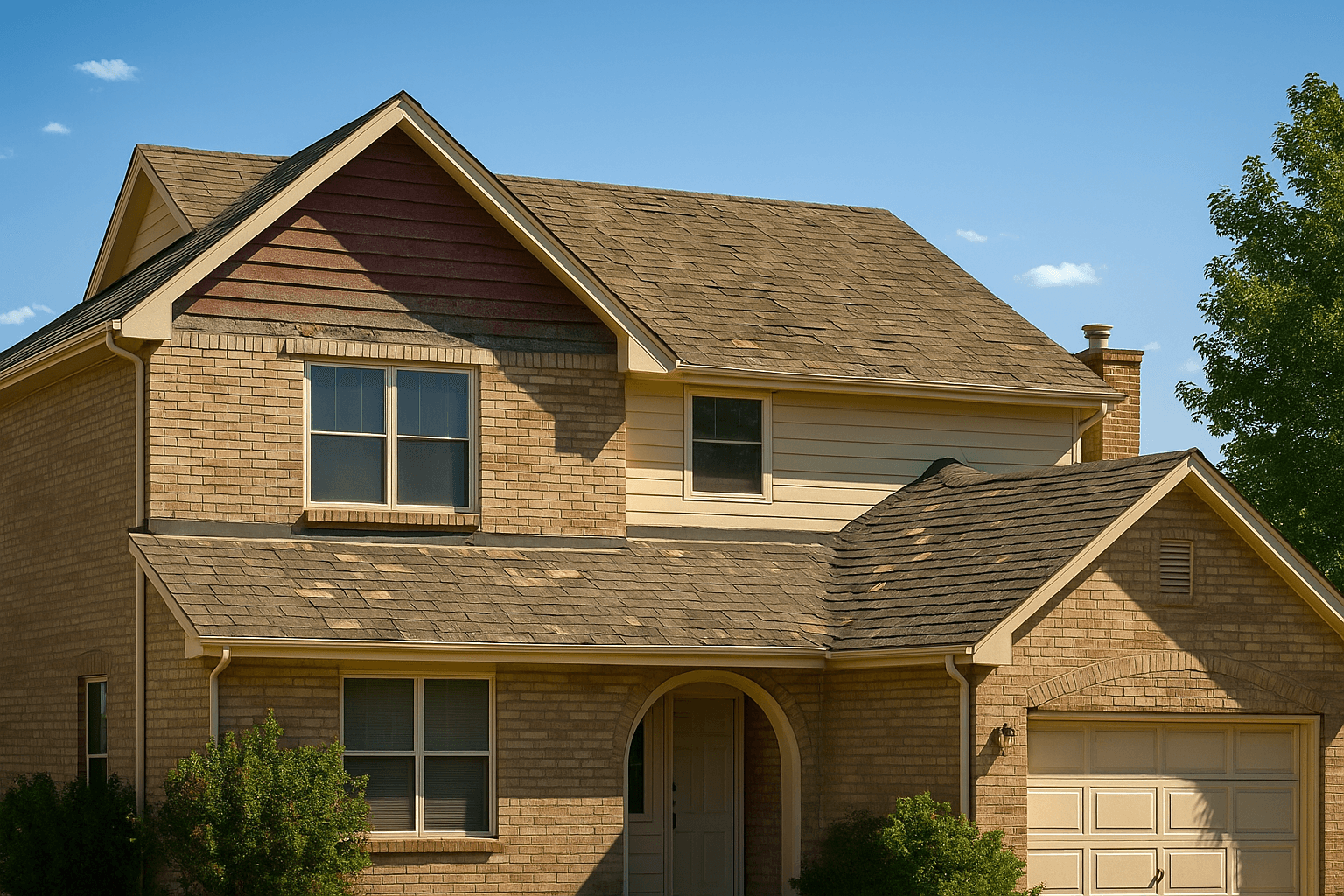A sunlit Colorado home with visible roof wear or missing shingles
